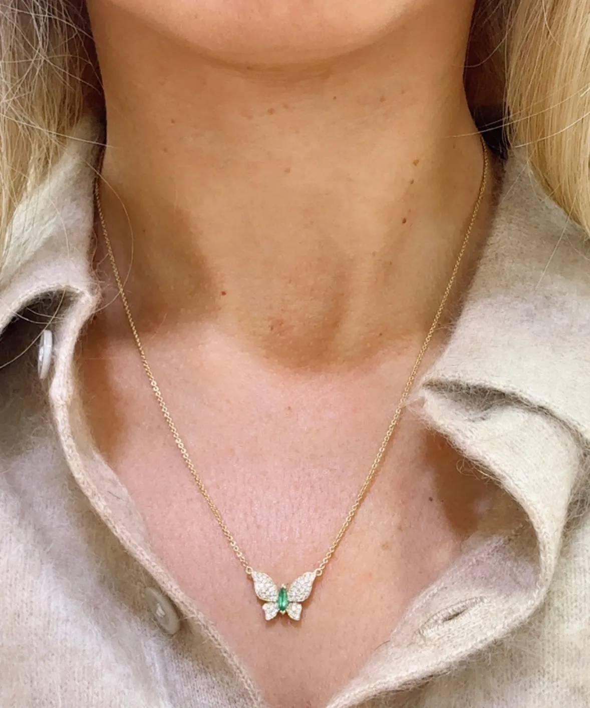 0.43ct tw Butterfly Emerald and Diamond Pendant Necklace