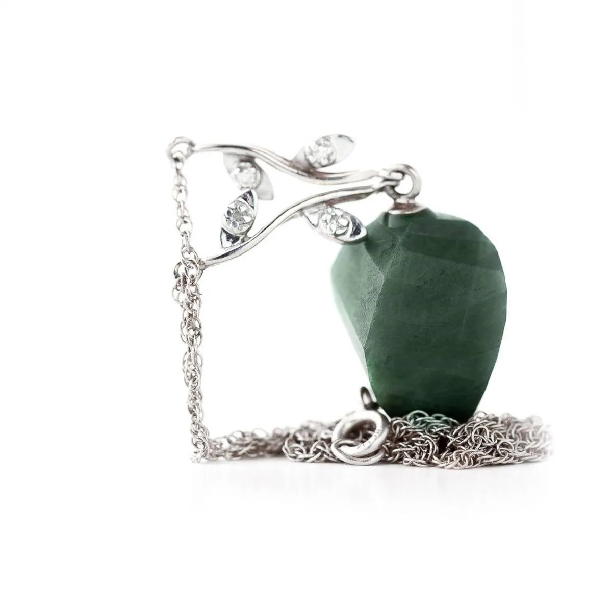 14K Solid White Gold Necklace Diamonds & Twisted Briolette Emerald