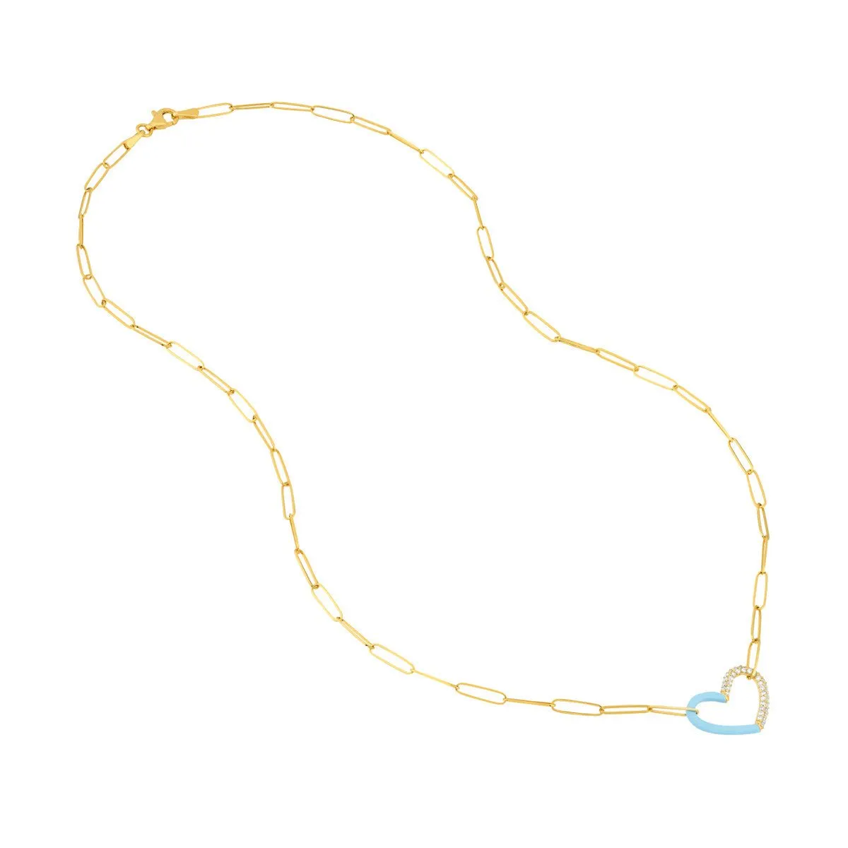 14K Yellow Gold 50/50 Lt. Turquoise Enamel Diamond Heart Necklace