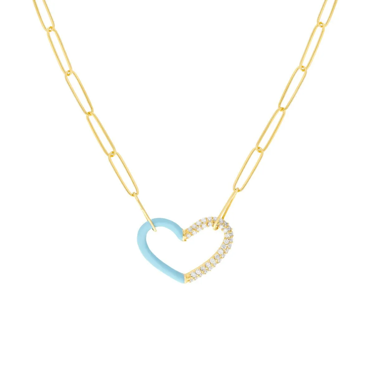14K Yellow Gold 50/50 Lt. Turquoise Enamel Diamond Heart Necklace