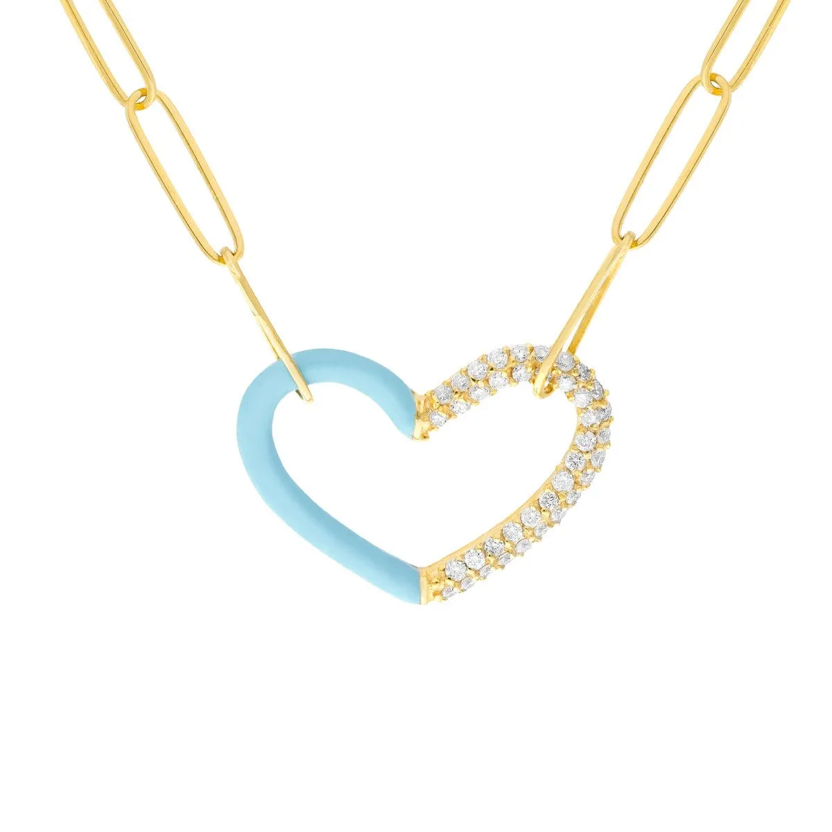 14K Yellow Gold 50/50 Lt. Turquoise Enamel Diamond Heart Necklace