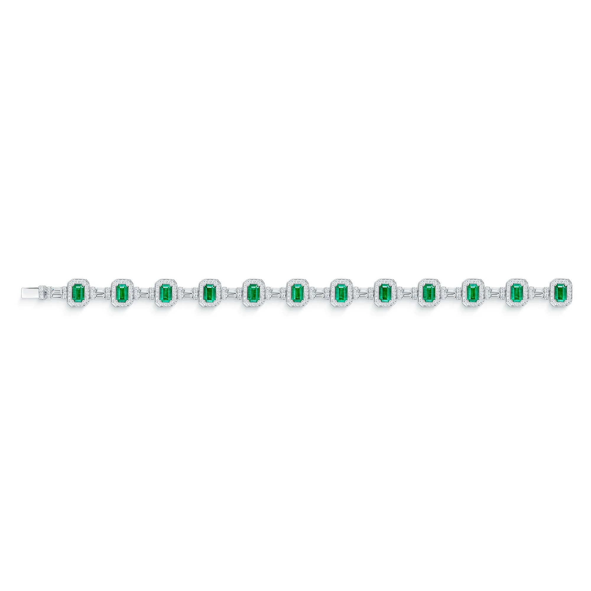18ct White Gold Emerald And Diamond Halo Vintage Tennis Bracelet