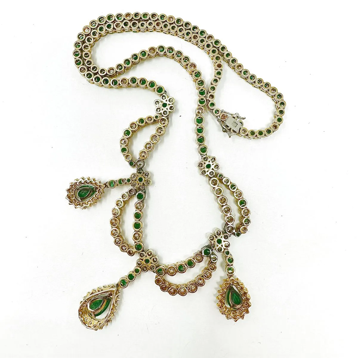 18K Gold Diamond and Emerald Necklace with 3 Halo Dangles