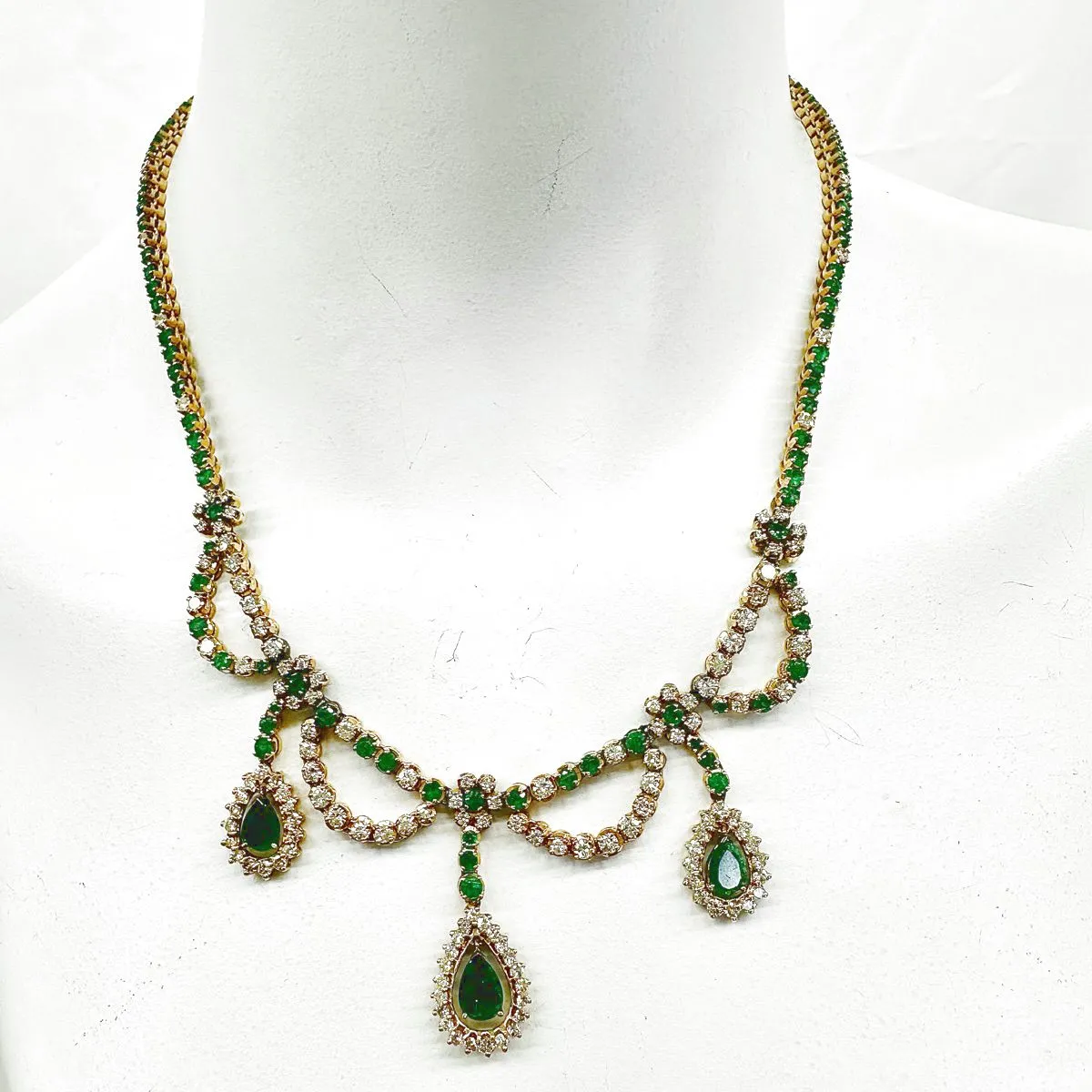 18K Gold Diamond and Emerald Necklace with 3 Halo Dangles