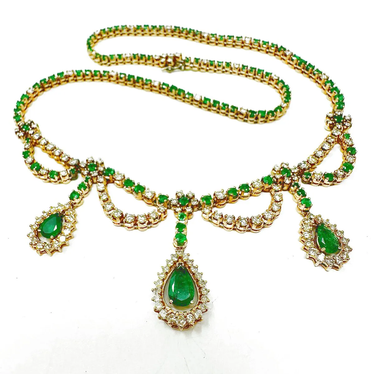 18K Gold Diamond and Emerald Necklace with 3 Halo Dangles