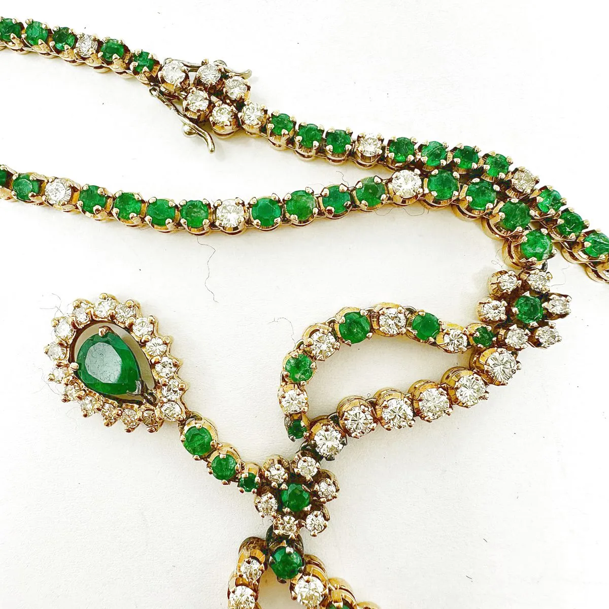18K Gold Diamond and Emerald Necklace with 3 Halo Dangles