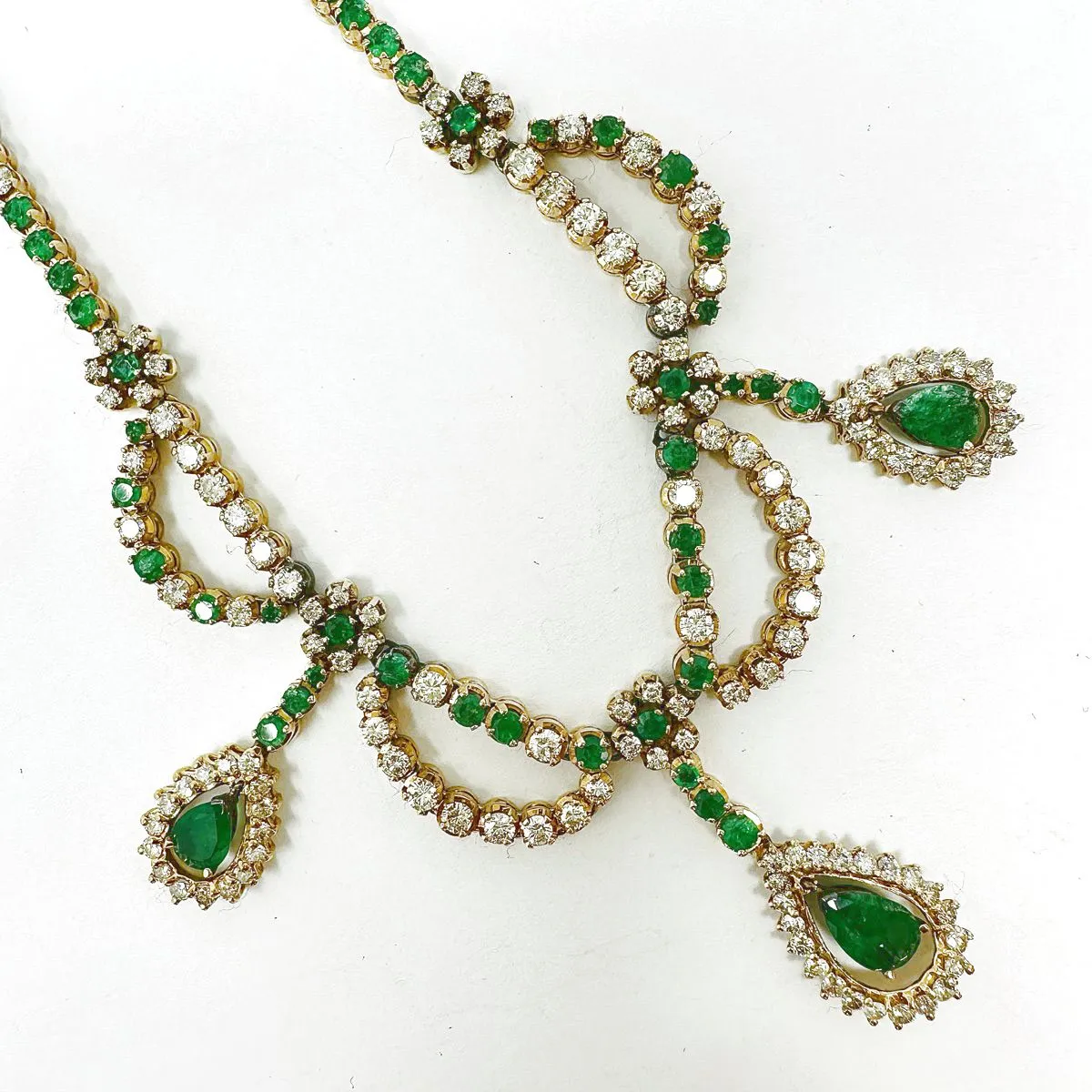 18K Gold Diamond and Emerald Necklace with 3 Halo Dangles