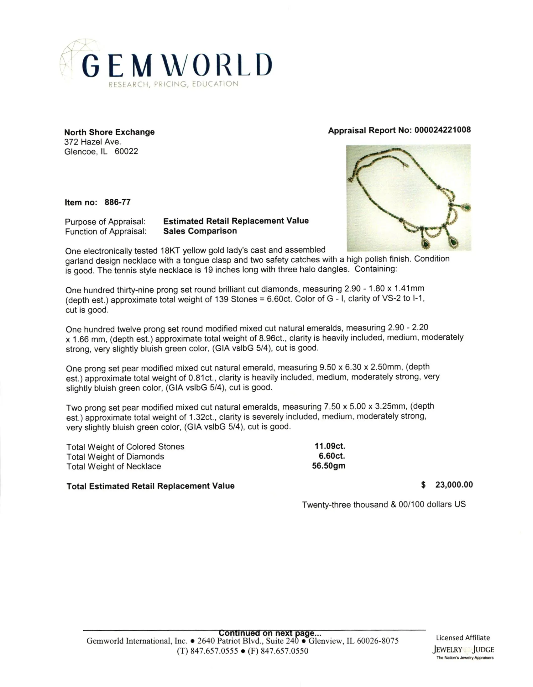 18K Gold Diamond and Emerald Necklace with 3 Halo Dangles