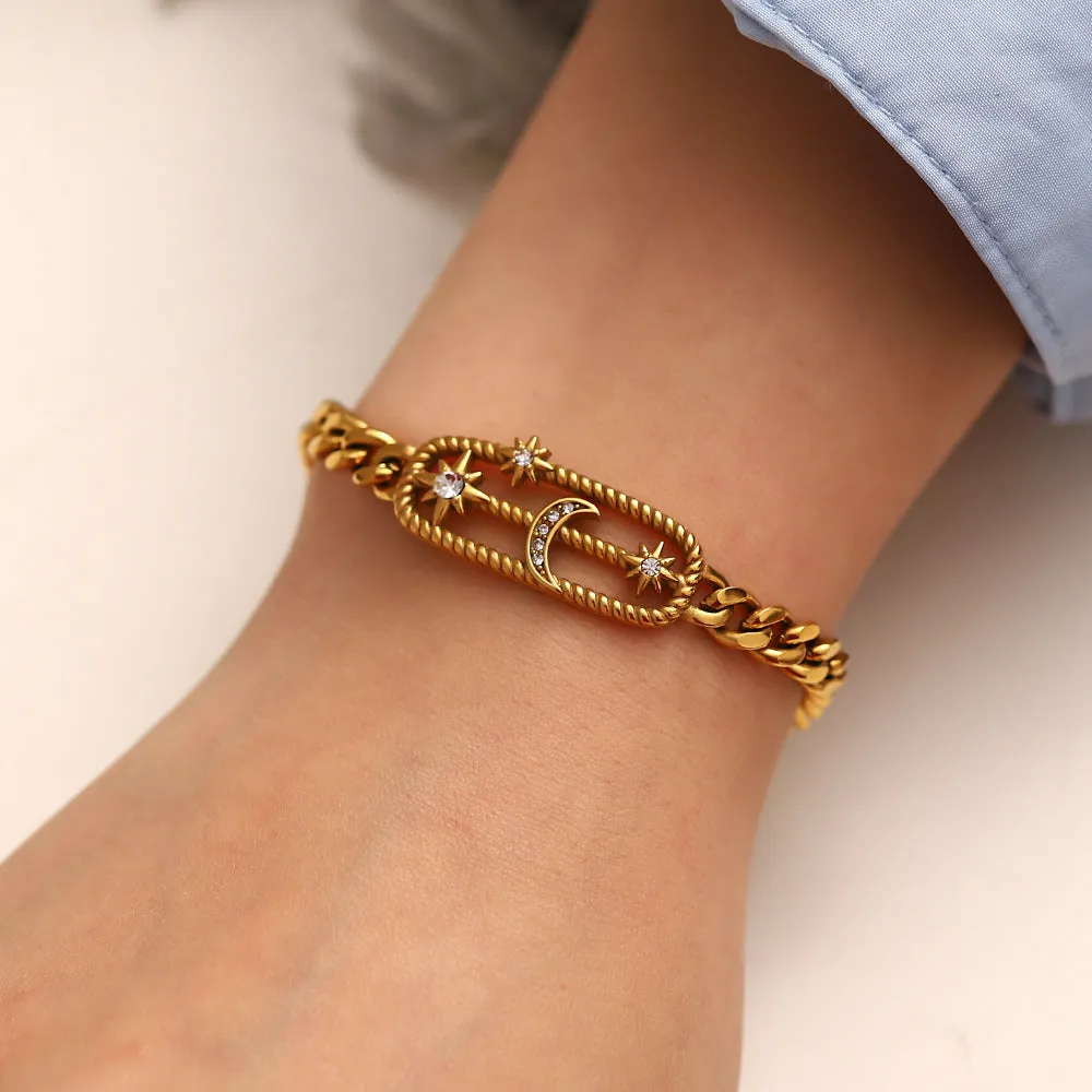 18K Gold Simple Retro Diamond Heart/Star Design Punk Bracelet Necklace Set