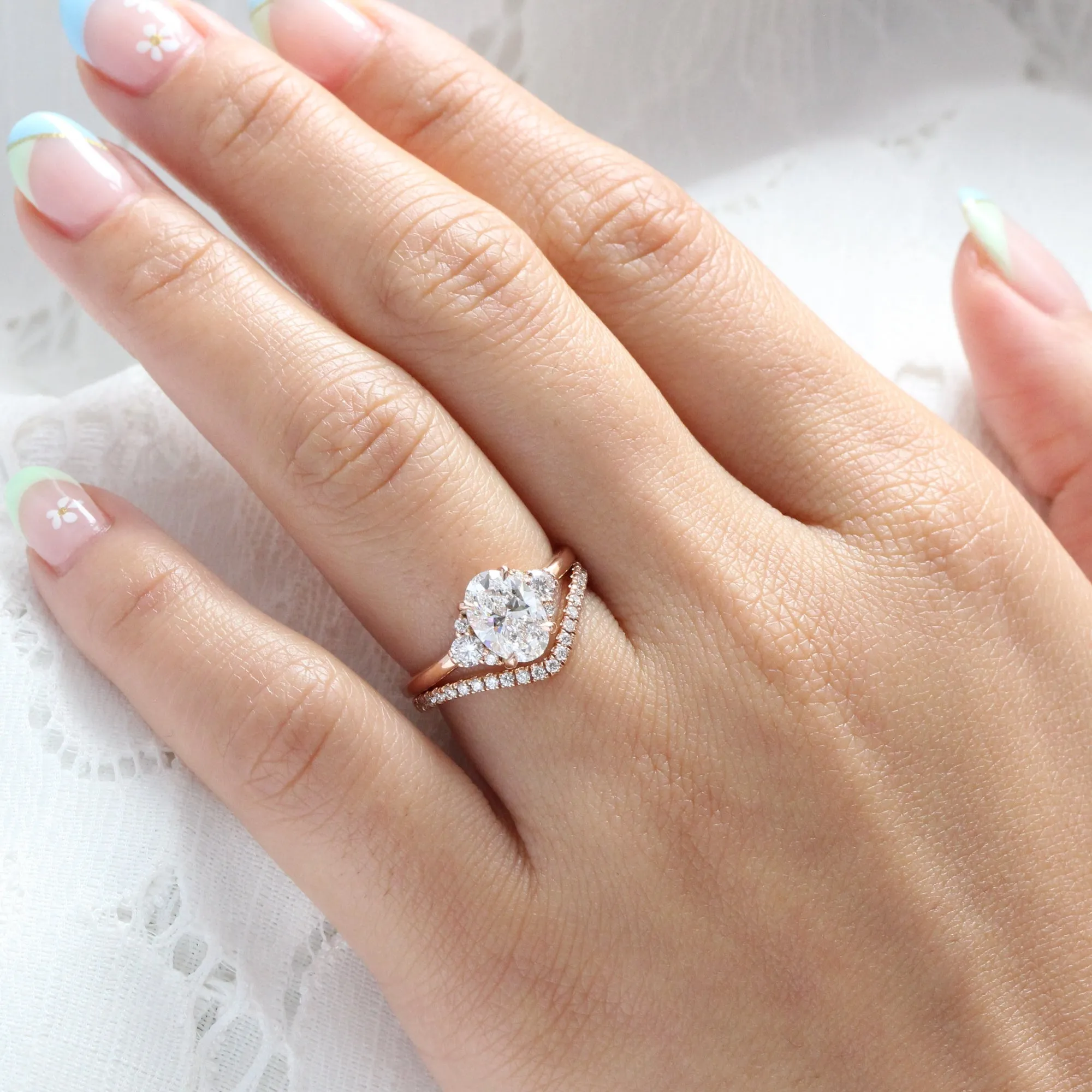 2.0 Ct. Oval Lab Diamond 3 Stone Ring Set w/ Contour Wedding Band in Flora Setting