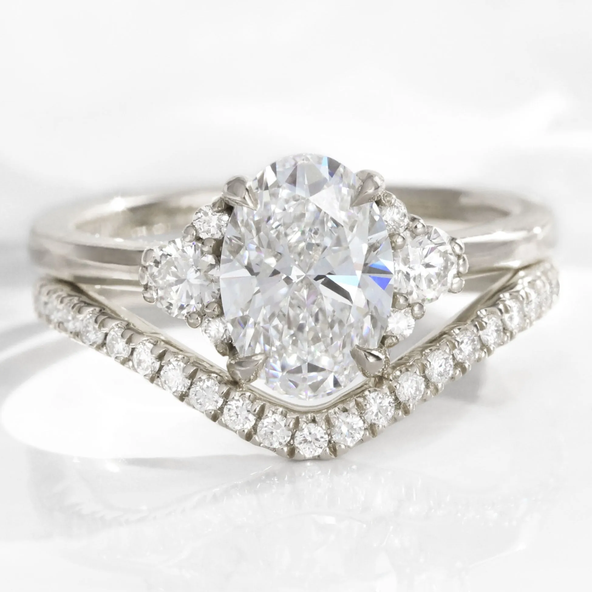 2.0 Ct. Oval Lab Diamond 3 Stone Ring Set w/ Contour Wedding Band in Flora Setting
