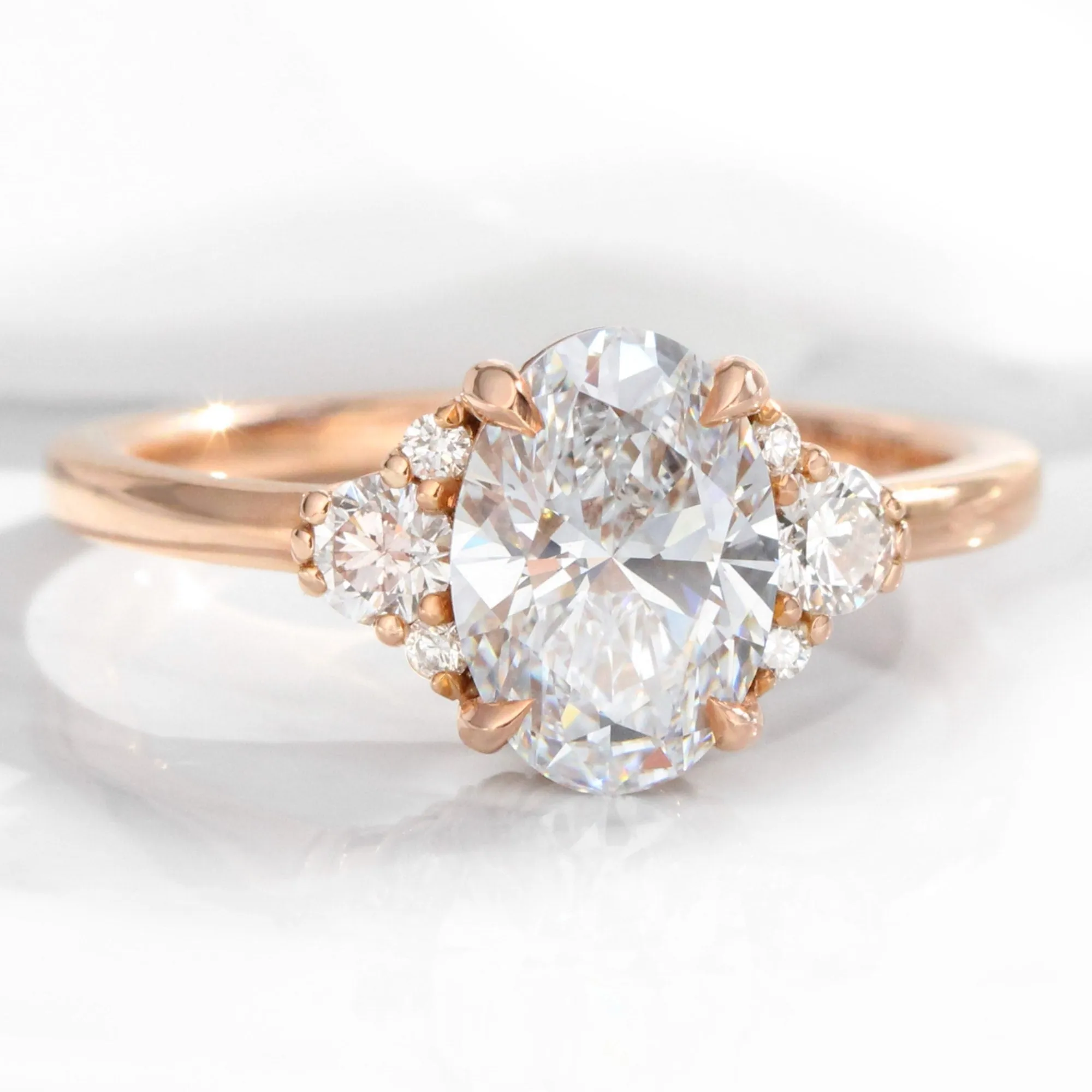 2.0 Ct. Oval Lab Diamond 3 Stone Ring Set w/ Contour Wedding Band in Flora Setting