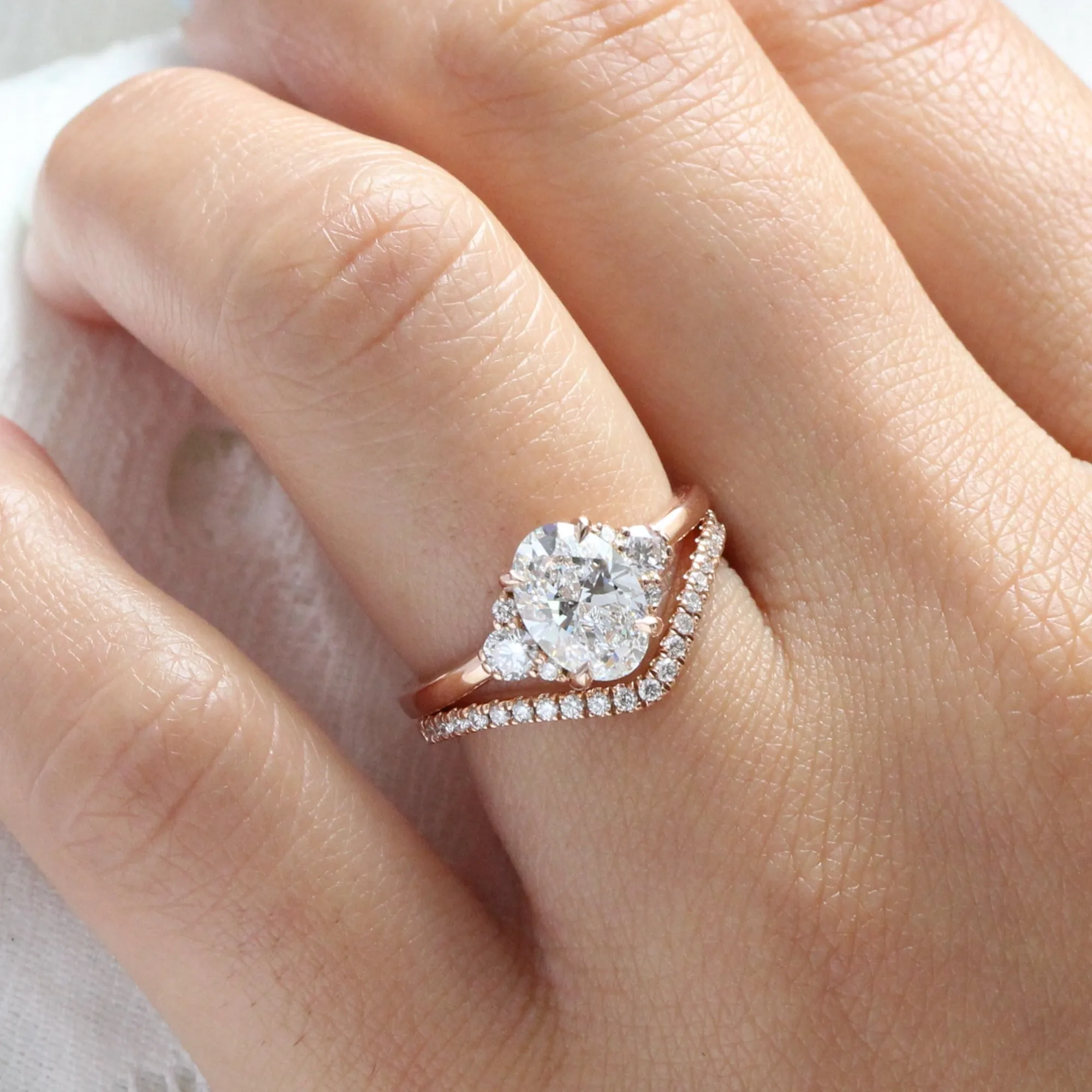 2.0 Ct. Oval Lab Diamond 3 Stone Ring Set w/ Contour Wedding Band in Flora Setting