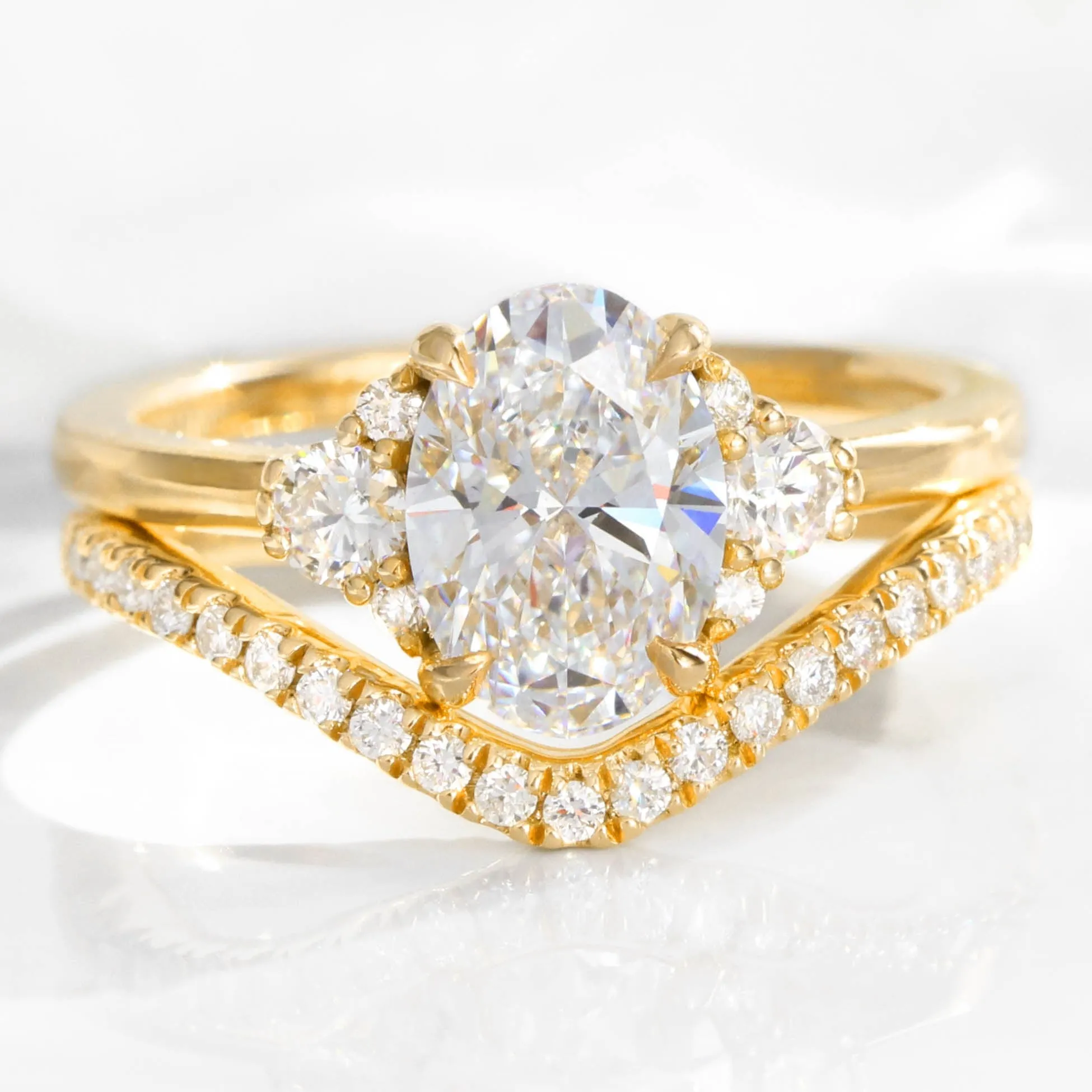 2.0 Ct. Oval Lab Diamond 3 Stone Ring Set w/ Contour Wedding Band in Flora Setting
