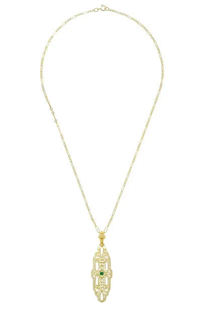 Art Deco Filigree Emerald Lozenge Pendant Necklace in Sterling Silver with Yellow Gold Vermeil