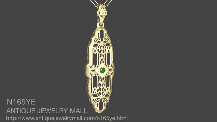 Art Deco Filigree Emerald Lozenge Pendant Necklace in Sterling Silver with Yellow Gold Vermeil