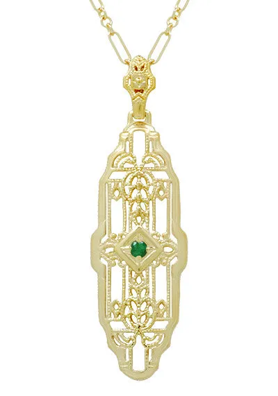 Art Deco Filigree Emerald Lozenge Pendant Necklace in Sterling Silver with Yellow Gold Vermeil
