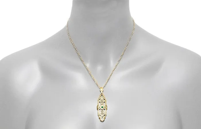 Art Deco Filigree Emerald Lozenge Pendant Necklace in Sterling Silver with Yellow Gold Vermeil