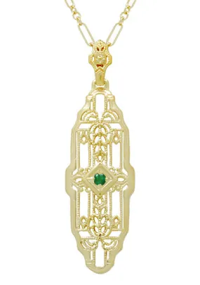Art Deco Filigree Emerald Lozenge Pendant Necklace in Sterling Silver with Yellow Gold Vermeil