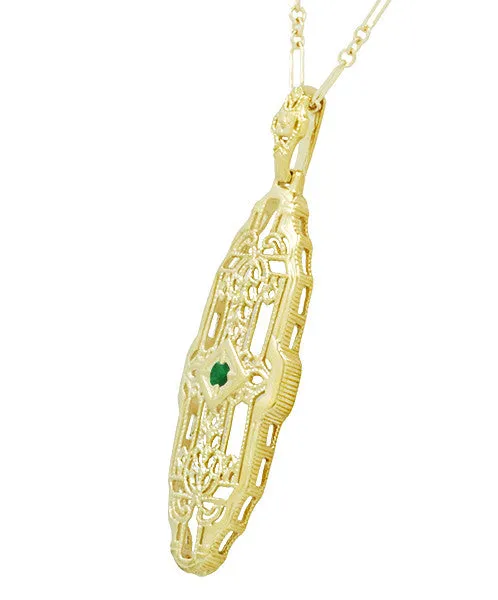Art Deco Filigree Emerald Lozenge Pendant Necklace in Sterling Silver with Yellow Gold Vermeil