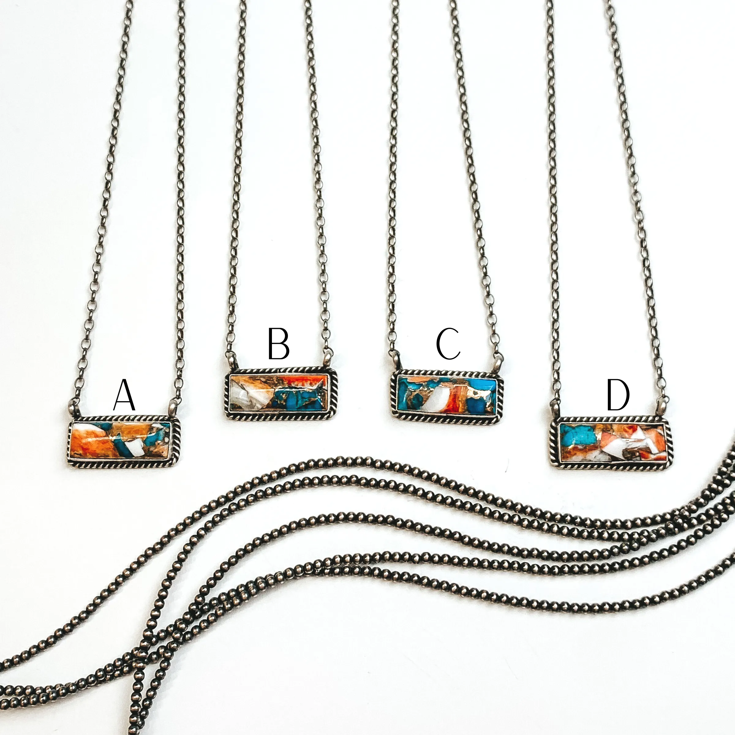 Augustine Largo | Navajo Handmade Sterling Silver Chain Necklace with Spiny Oyster and Turquoise Remix Bar