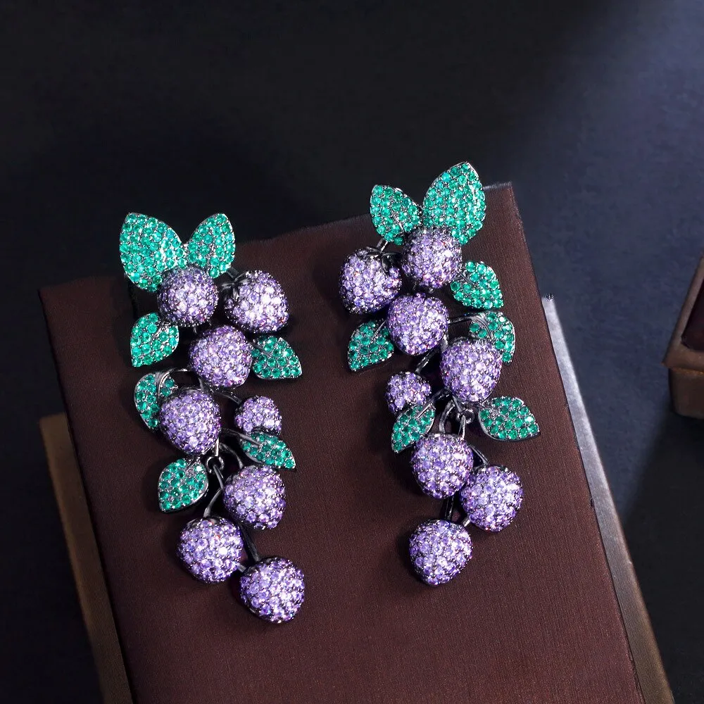 Beautiful Cubic Zircon Grape Earrings for Wedding, Crystals Flower Dangle Earring for Prom, Women Girl Gift SZE0544