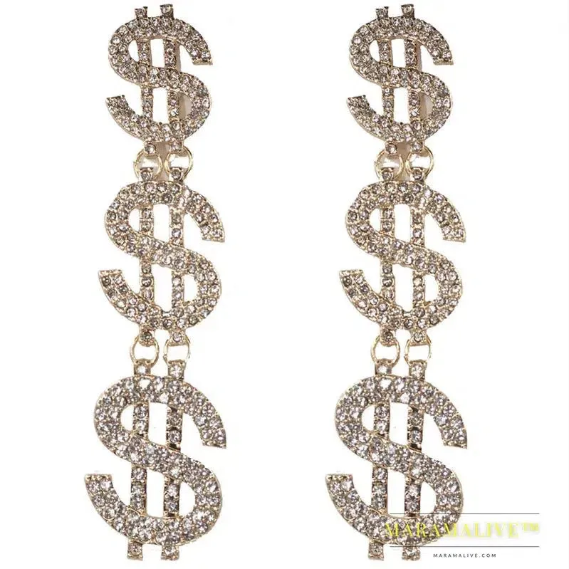 Bling dollar Sign bling money earrings for Women Rhinestone Vintage Drop Dangle Earrings Crystal Jewelry Accessories