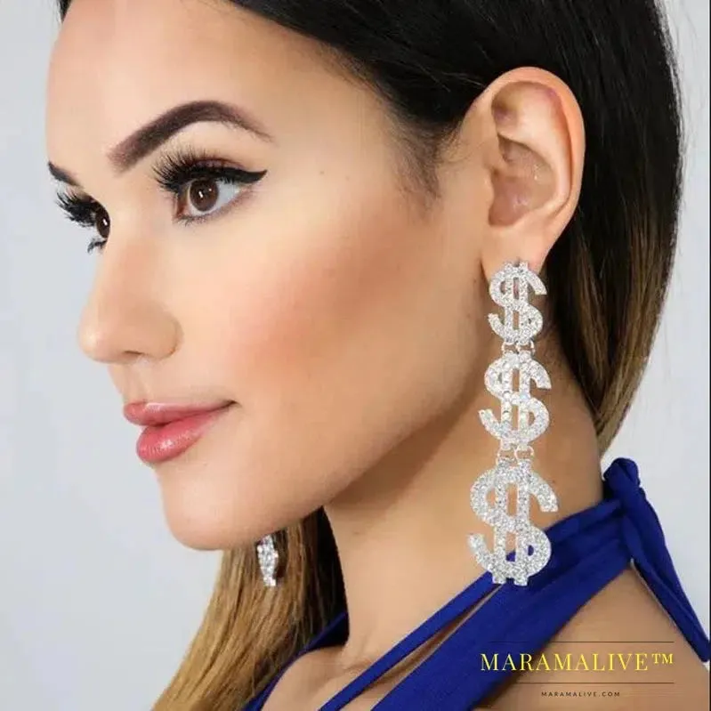 Bling dollar Sign bling money earrings for Women Rhinestone Vintage Drop Dangle Earrings Crystal Jewelry Accessories