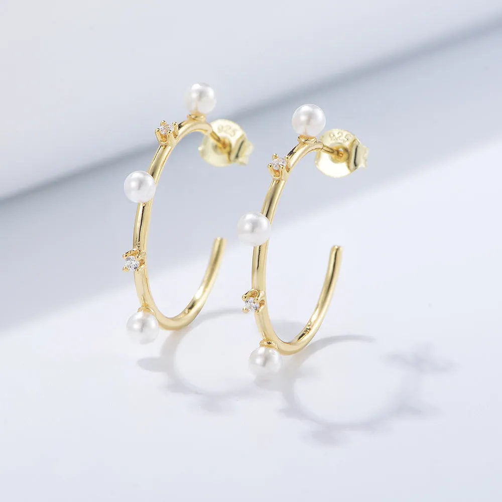 C-shaped with Pearl Zircon Silver Studs Earrings for Women