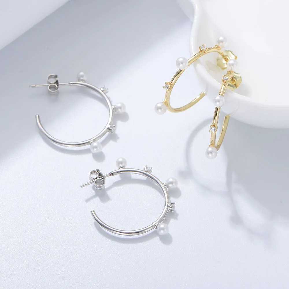 C-shaped with Pearl Zircon Silver Studs Earrings for Women