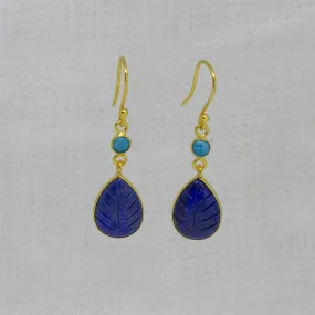 Carved Lapis Lazuli and Turquoise Drop Earrings