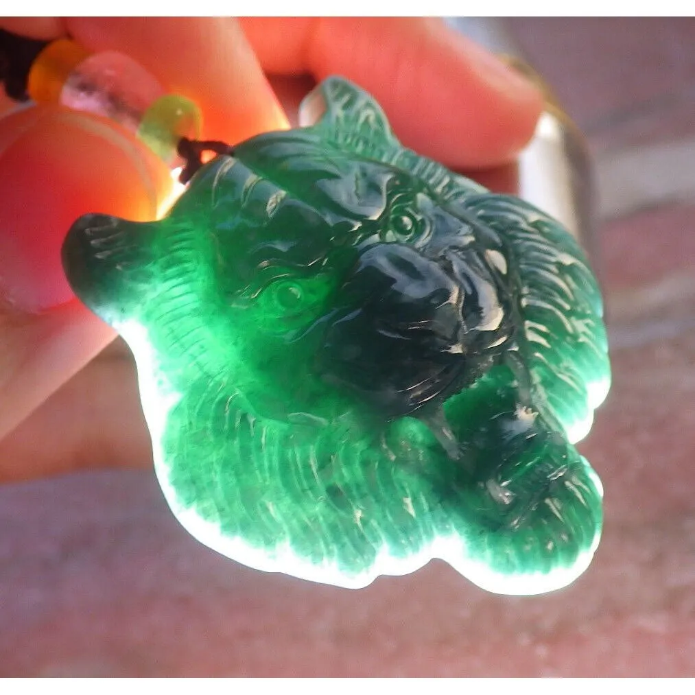 Certified Icy Green Burma 100% Natural A Jade Jadeite Pendant Tiger Necklace