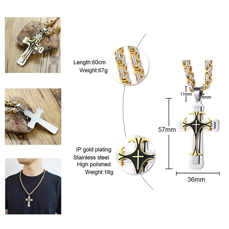 Cross Necklace For Men Byzantine Gold Color Stainless Steel Chain Catholic Crucifix Pendant Male Punk Rock Ornaments