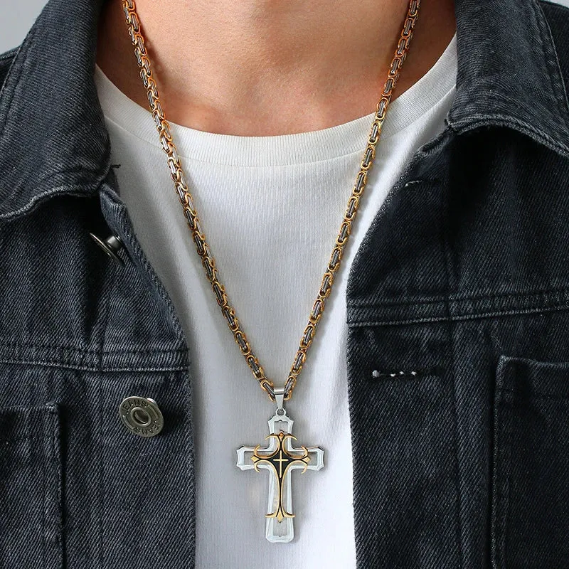 Cross Necklace For Men Byzantine Gold Color Stainless Steel Chain Catholic Crucifix Pendant Male Punk Rock Ornaments