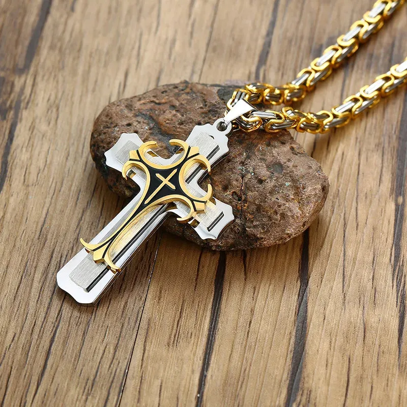 Cross Necklace For Men Byzantine Gold Color Stainless Steel Chain Catholic Crucifix Pendant Male Punk Rock Ornaments