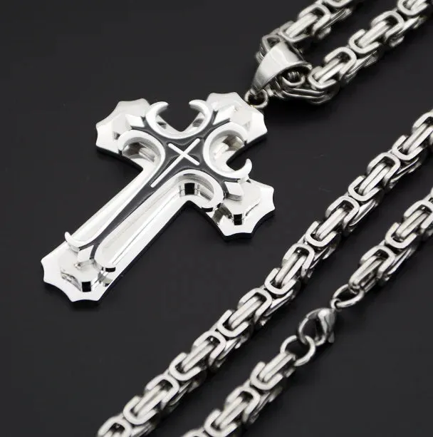 Cross Necklace For Men Byzantine Gold Color Stainless Steel Chain Catholic Crucifix Pendant Male Punk Rock Ornaments
