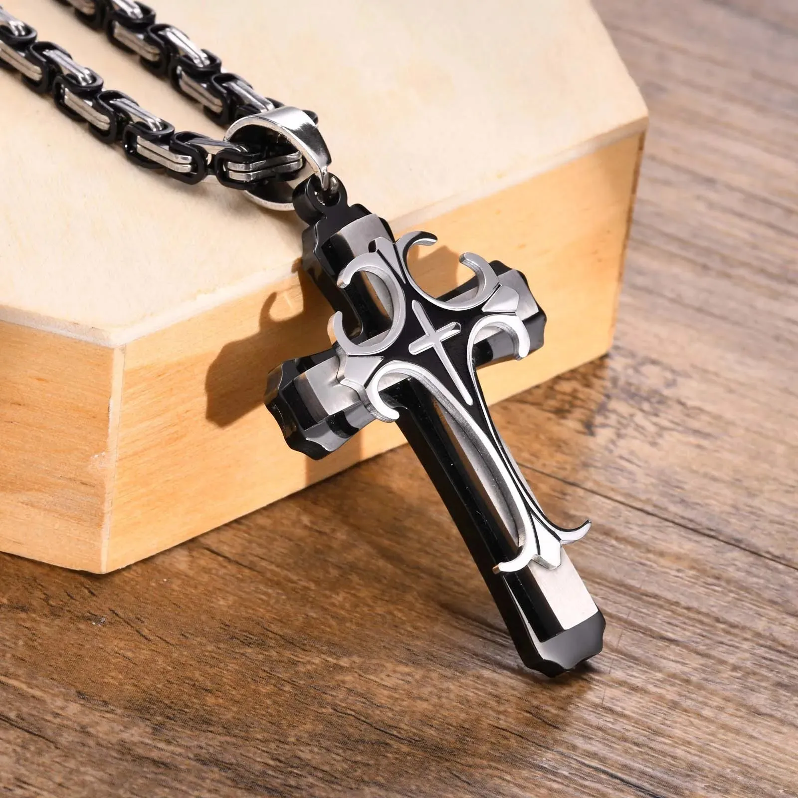 Cross Necklace For Men Byzantine Gold Color Stainless Steel Chain Catholic Crucifix Pendant Male Punk Rock Ornaments