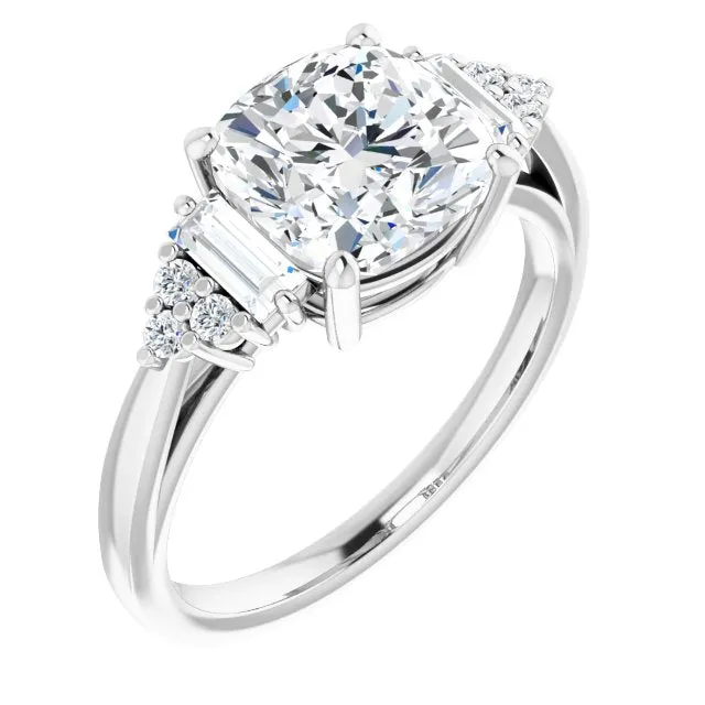 Cubic Zirconia Engagement Ring- The Barb (Customizable 9-stone Design with Cushion Cut Center, Side Baguettes and Tri-Cluster Round Accents)