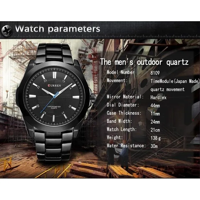Curren 8109 Man Top Brand Stainless Steel Big Dial Watches Quartz Business Watch SILVER AND BLACK