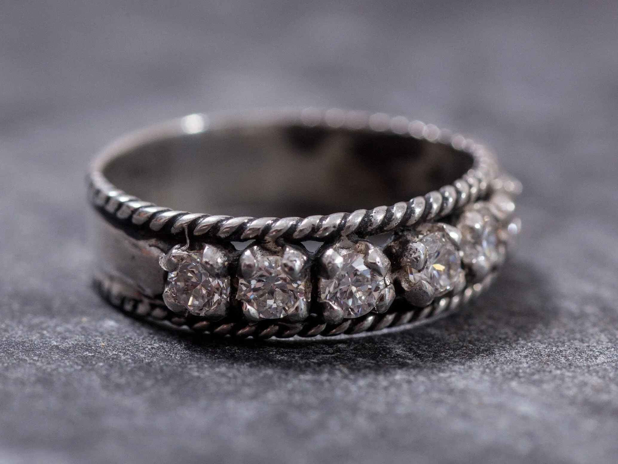 Diamond Silver Ring - Half Eternity Ring - Vintage Diamond Band