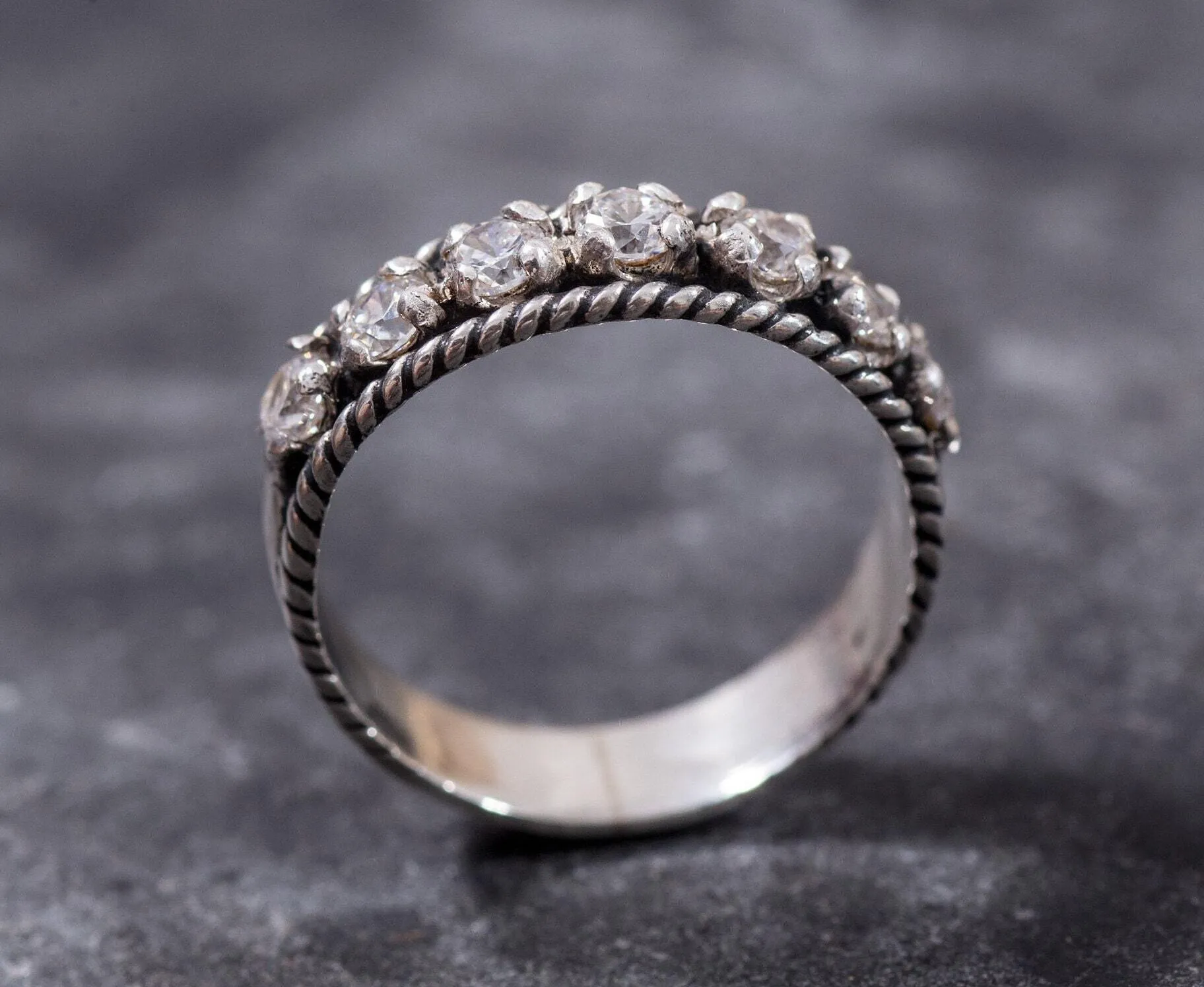 Diamond Silver Ring - Half Eternity Ring - Vintage Diamond Band