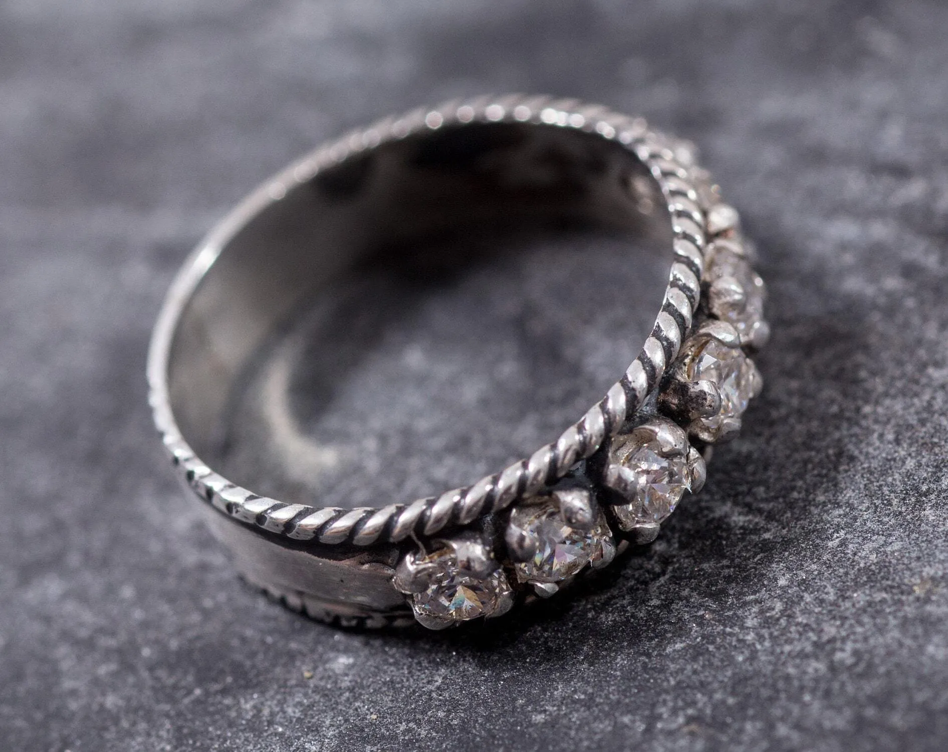Diamond Silver Ring - Half Eternity Ring - Vintage Diamond Band