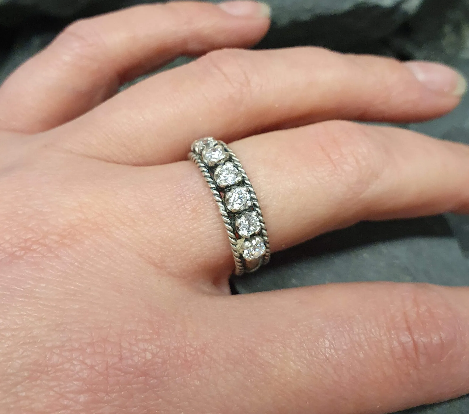 Diamond Silver Ring - Half Eternity Ring - Vintage Diamond Band