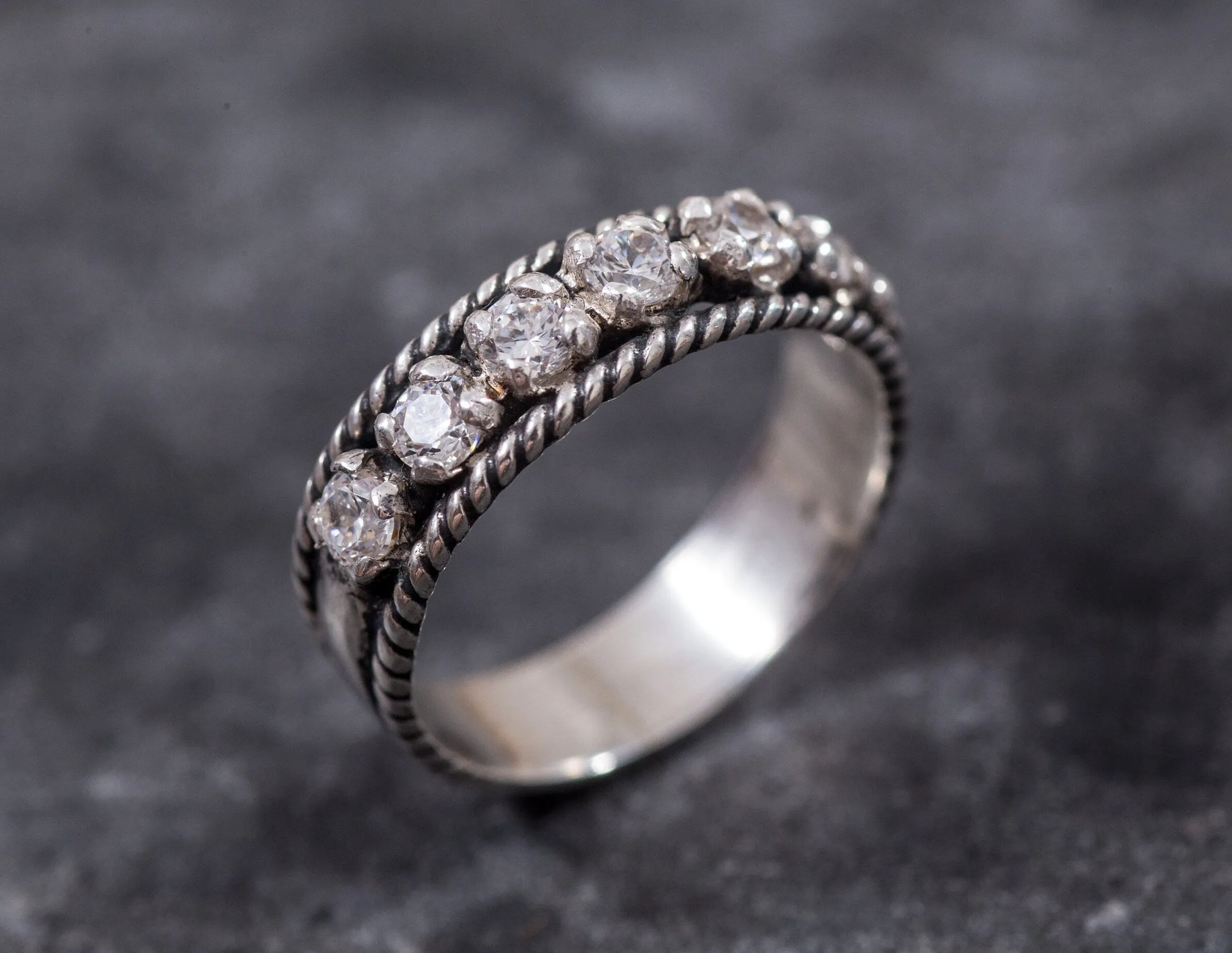 Diamond Silver Ring - Half Eternity Ring - Vintage Diamond Band