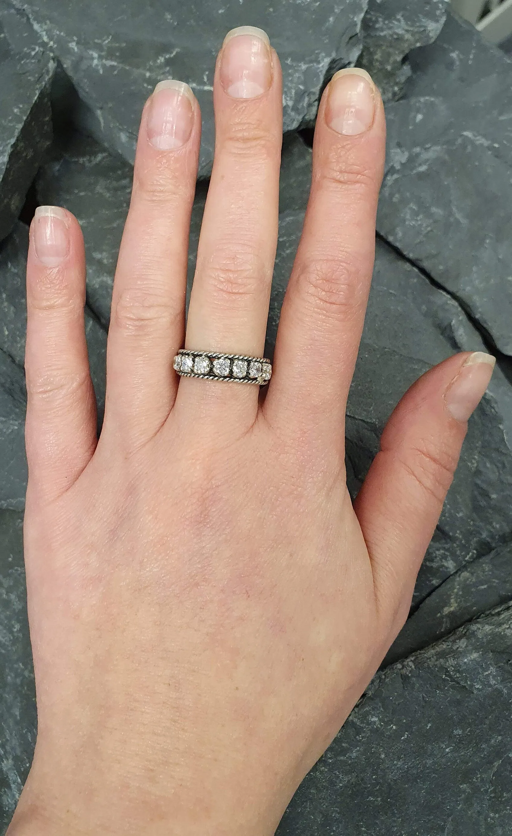Diamond Silver Ring - Half Eternity Ring - Vintage Diamond Band