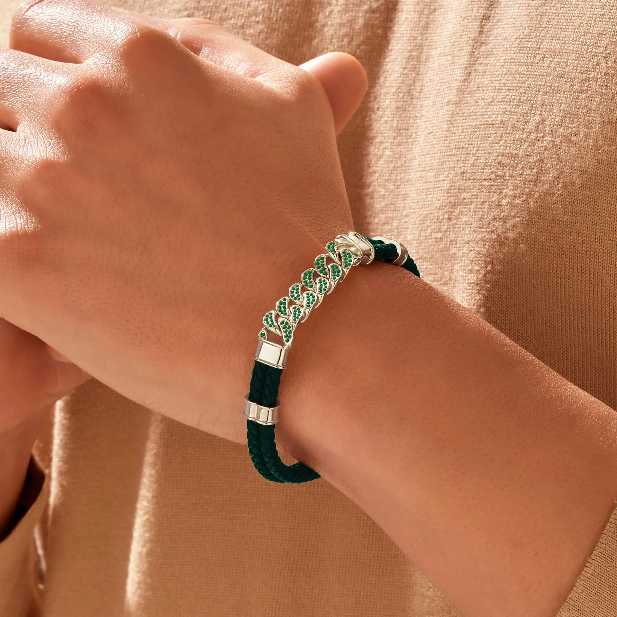 Emerald Cuban Links Leather Bracelet