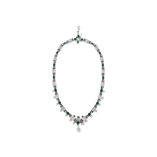 Emerald, Ruby & White Sapphire Estate Necklace