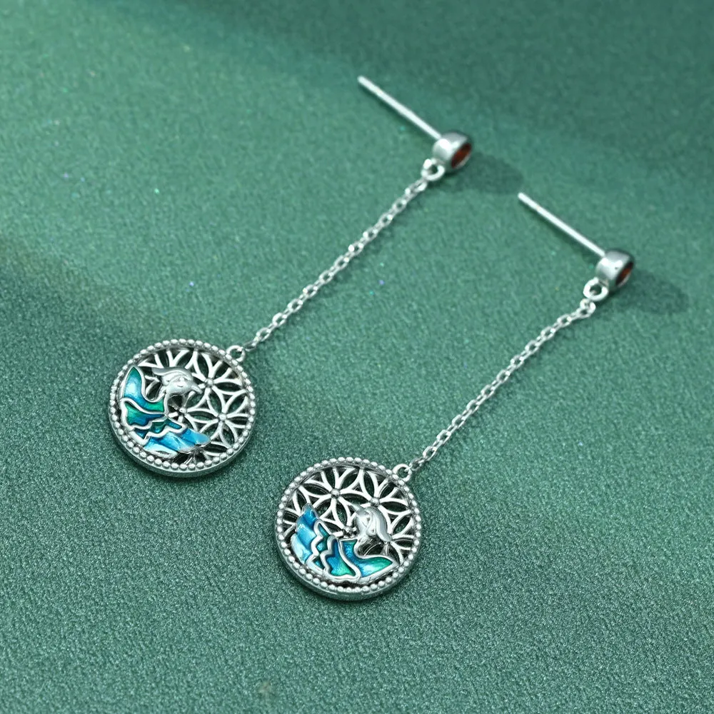 Enamel Hollow Flower Circle with Red Zircon Silver Drop Earrings