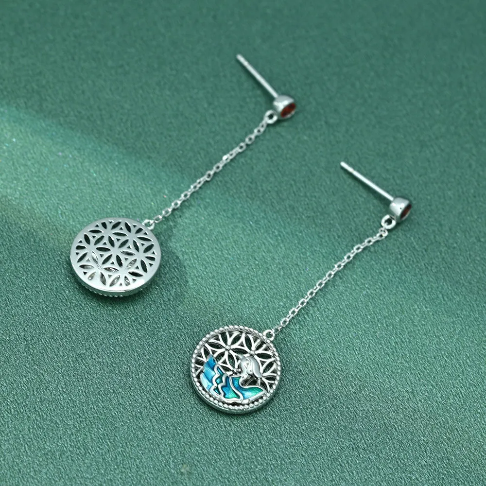 Enamel Hollow Flower Circle with Red Zircon Silver Drop Earrings