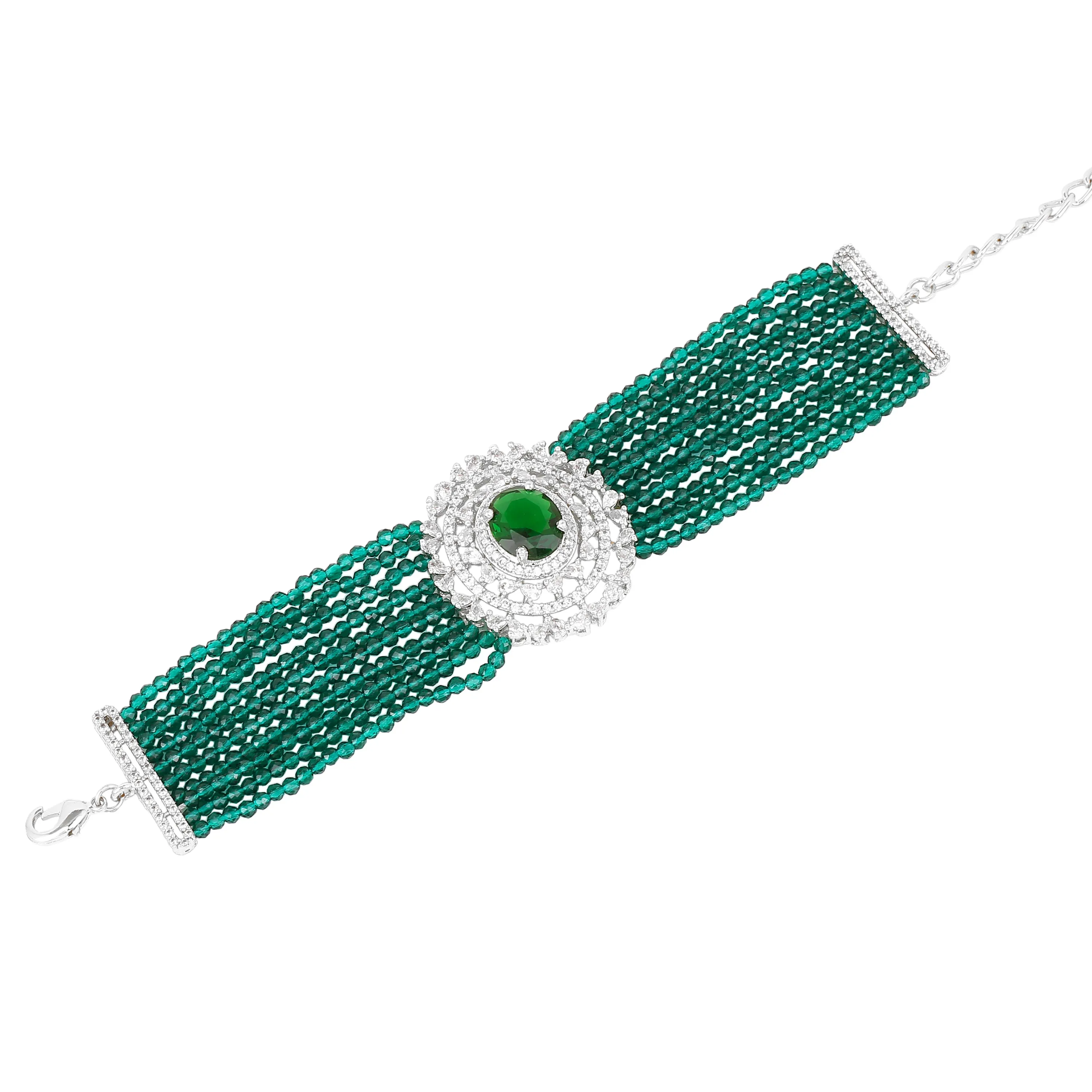 Estele Rhodium Plated CZ Sparkling Multi-Layered Bracelet with Emerald Beads for Women